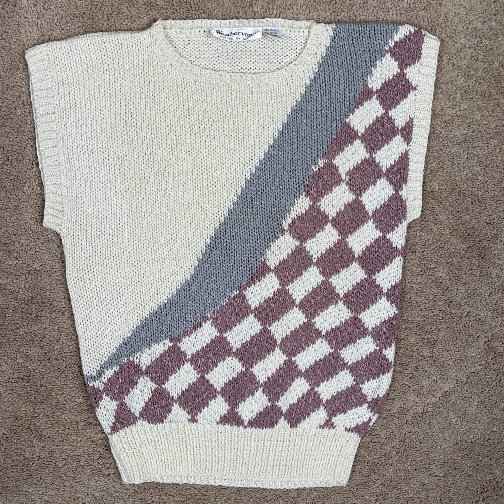 Weathervane Vest Womens M Ivory Mauve 80s Checker Vintage Colorblock Hand Knit